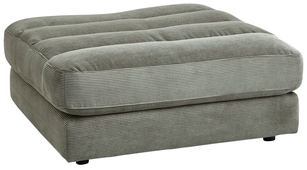 Grauer, quadratischer Hocker aus Cordstoff, seitliche Perspektive