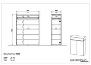 Technische Zeichnung eines Schuhschranks mit den Maßen Breite 90 cm, Höhe 121 cm, Tiefe 40 cm. Front- und Seitenansicht des Schranks mit mehreren Regalböden. Perspektive von vorne und seitlich.
