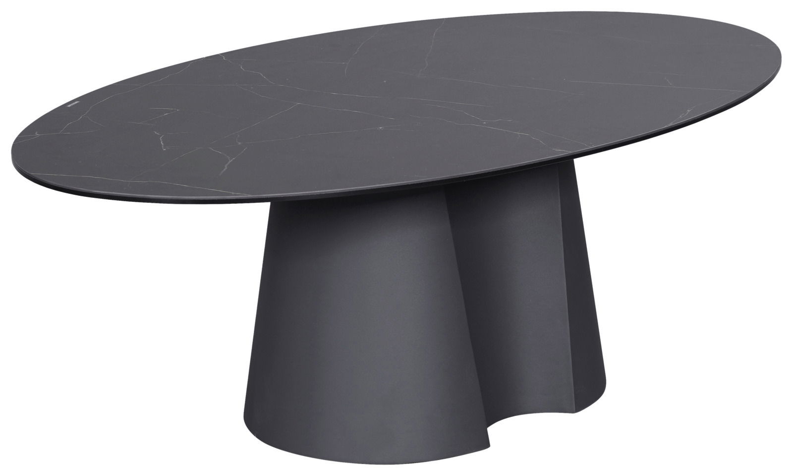 Novel Couchtisch MILAZZO Moderner schwarzer Couchtisch mit ovaler Tischplatte und einzigartigem, skulpturalem Untergestell, seitliche Perspektive