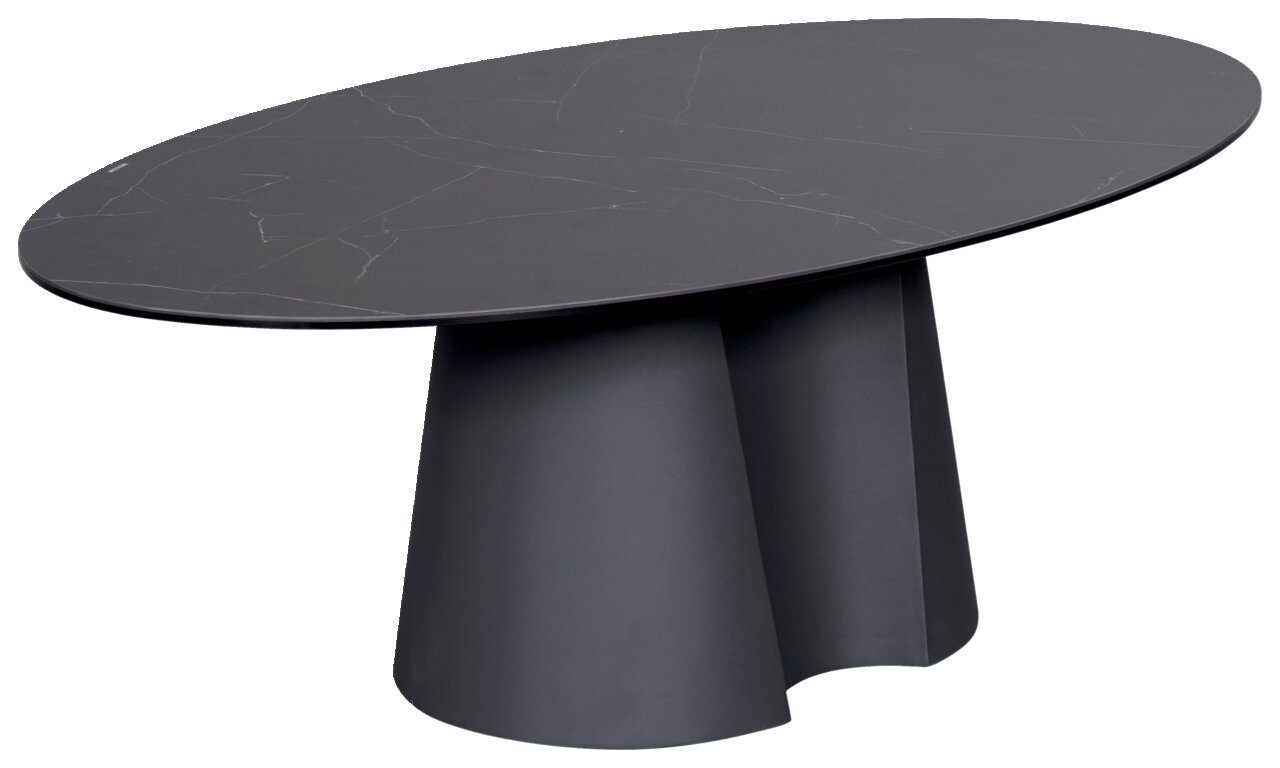 Novel Salontafel MILAZZO Moderne zwarte salontafel met een ovaal tafelblad en een uniek, sculpturaal onderstel, gezien vanaf de zijkant