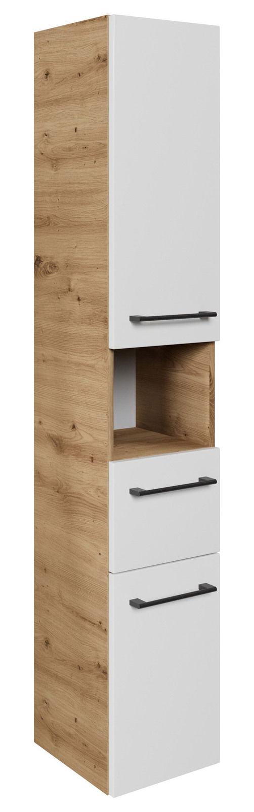 Sadena Hochschrank PLAKA Hochschrank in Holzoptik mit weißen Fronten und schwarzen Griffen, seitliche Perspektive