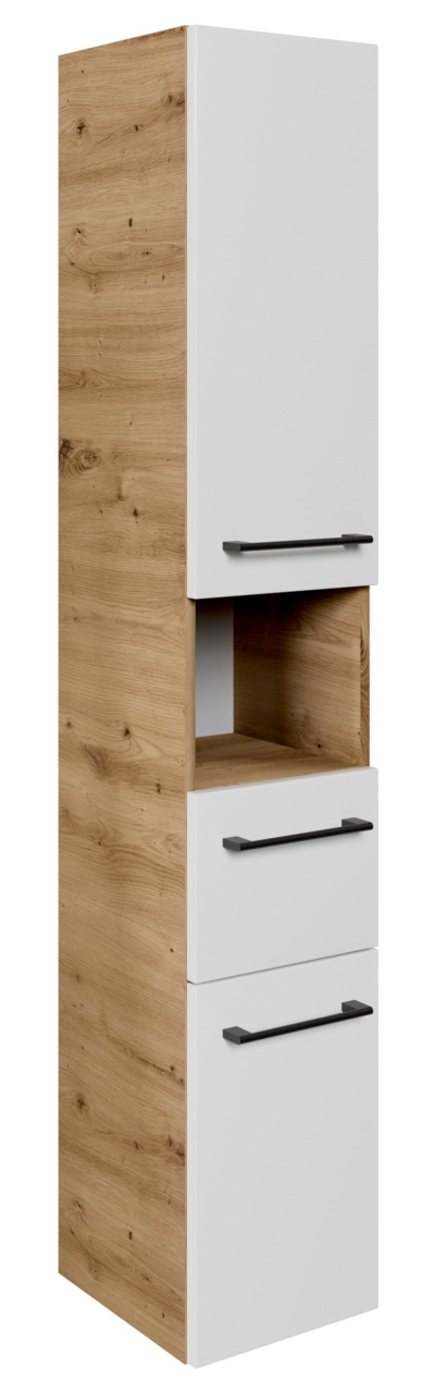 Hochschrank in Holzoptik mit weißen Fronten und schwarzen Griffen, seitliche Perspektive