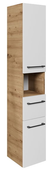 Hochschrank in Holzoptik mit weißen Fronten und schwarzen Griffen, seitliche Perspektive