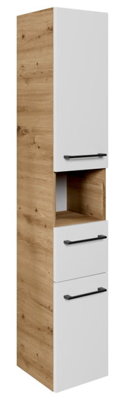 Hoge kast in houtlook met witte fronten en zwarte handgrepen, zijaanzicht