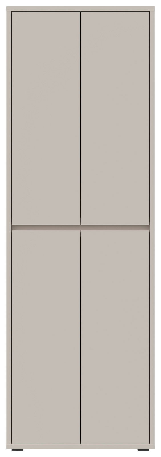 Frontansicht eines modernen, grauen XXL-Schuh- und Mehrzweckschranks mit vier Türen.