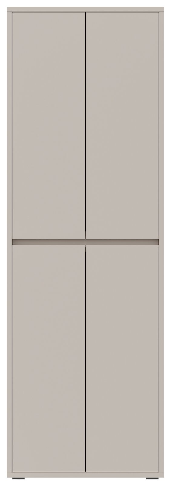 Frontansicht eines modernen, grauen XXL-Schuh- und Mehrzweckschranks mit vier Türen.