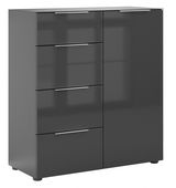 Moderne graue Kommode mit vier Schubladen und einer Tür, Frontansicht