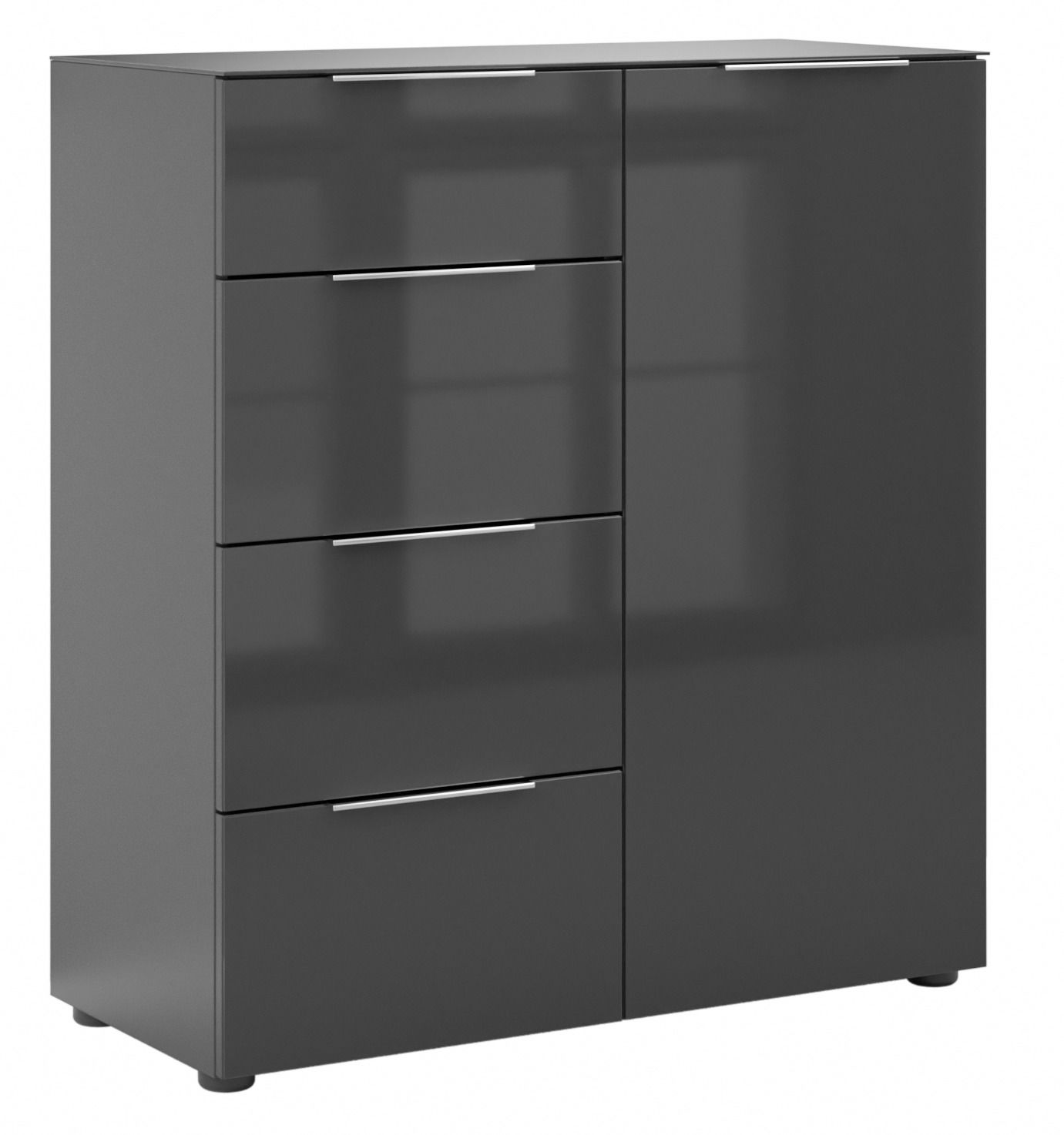 Moderne graue Kommode mit vier Schubladen und einer Tür, Frontansicht