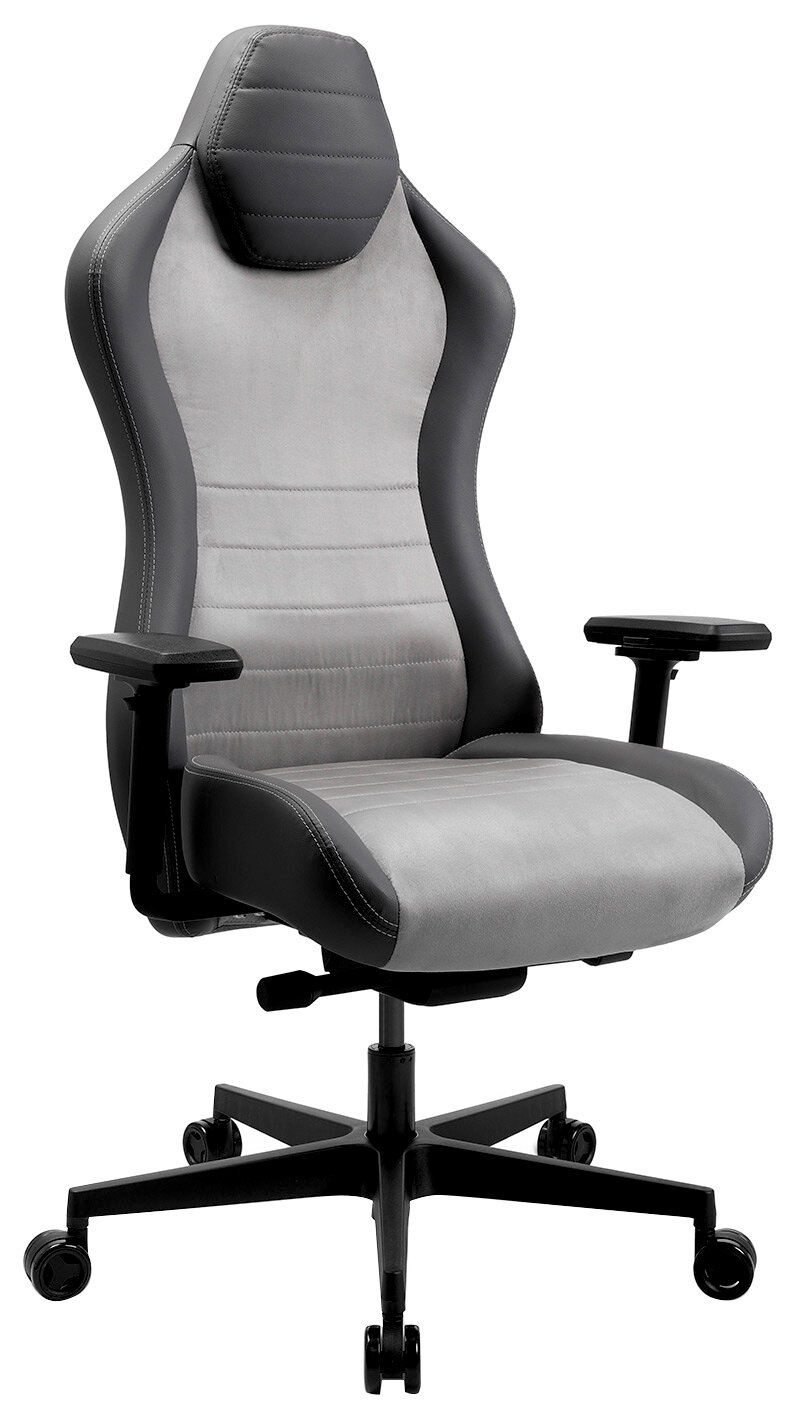Ergonomischer Gaming-Stuhl in Schwarz und Grau, seitliche Perspektive