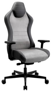 Ergonomischer Gaming-Stuhl in Schwarz und Grau, seitliche Perspektive