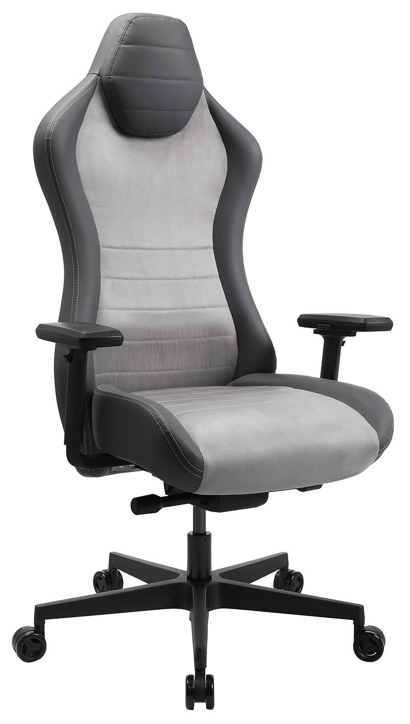 Ergonomischer Gaming-Stuhl in Schwarz und Grau, seitliche Perspektive