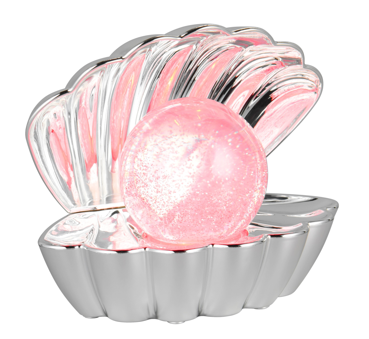 Silberne Muschel-Tischleuchte mit rosa leuchtender Kugel, seitliche Perspektive