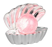 Zilveren schelpvormige tafellamp met roze lichtgevende bol, zijaanzicht