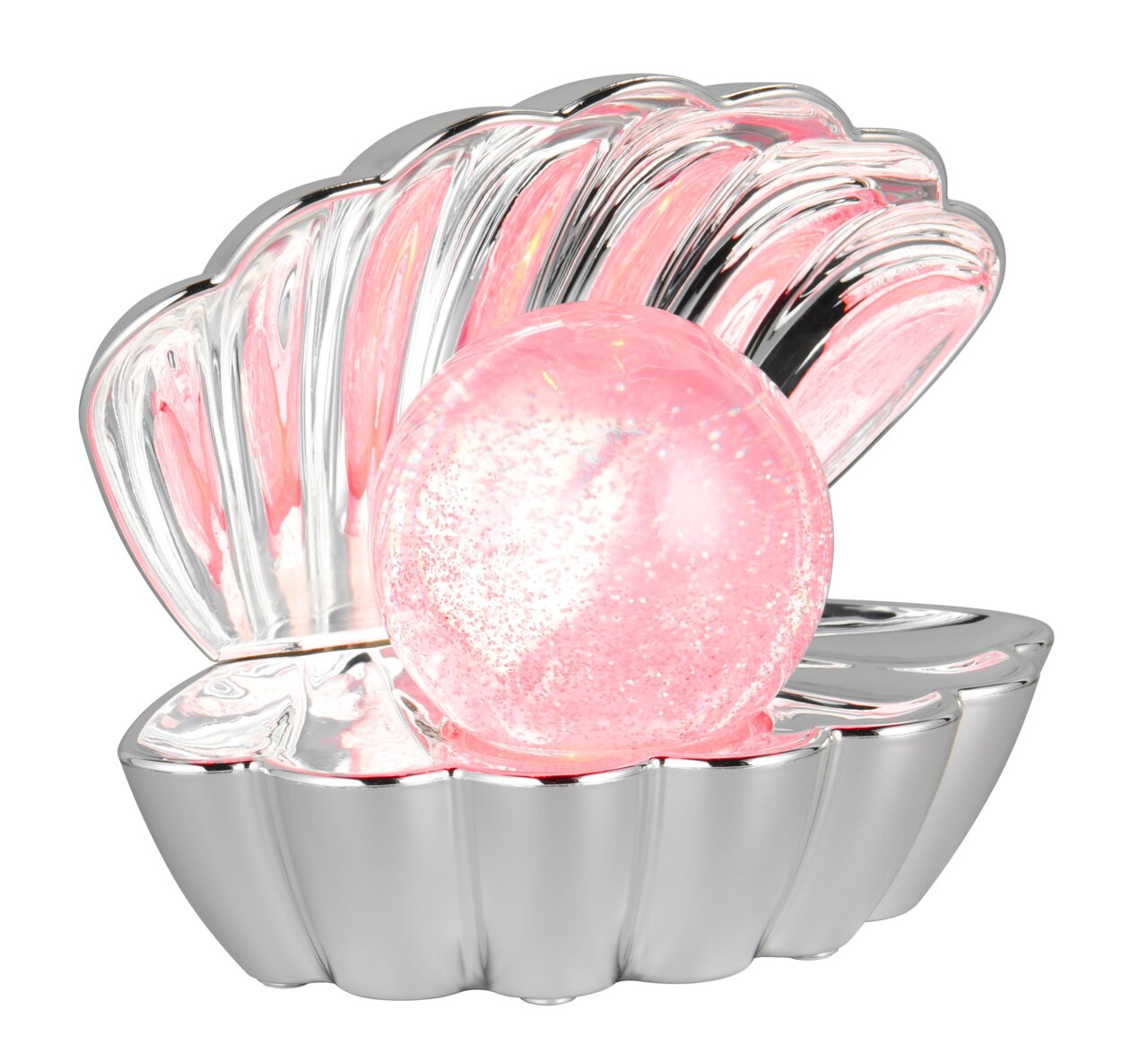 Zilveren schelpvormige tafellamp met roze lichtgevende bol, zijaanzicht