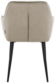 Rückansicht eines beigen Armlehnstuhls mit schwarzen Beinen