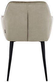 Rückansicht eines beigen Armlehnstuhls mit schwarzen Beinen