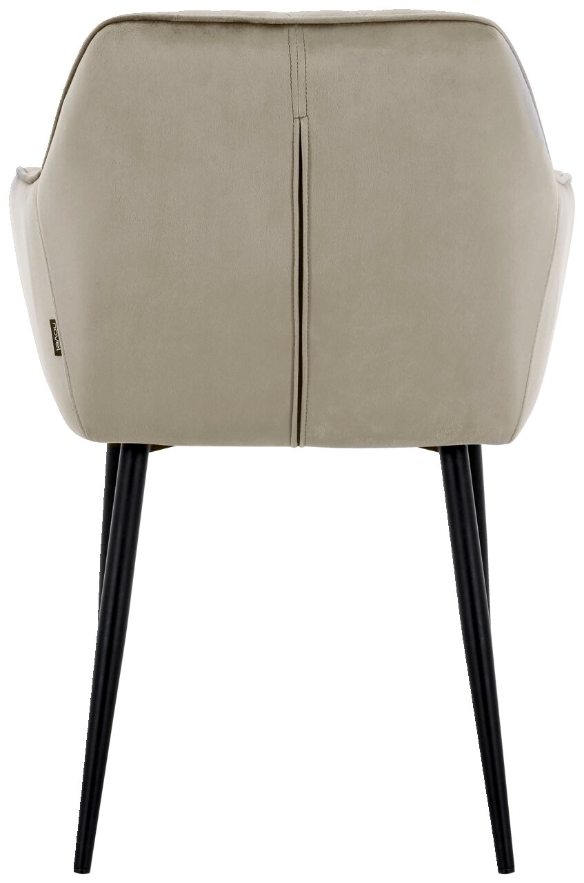Rückansicht eines beigen Armlehnstuhls mit schwarzen Beinen
