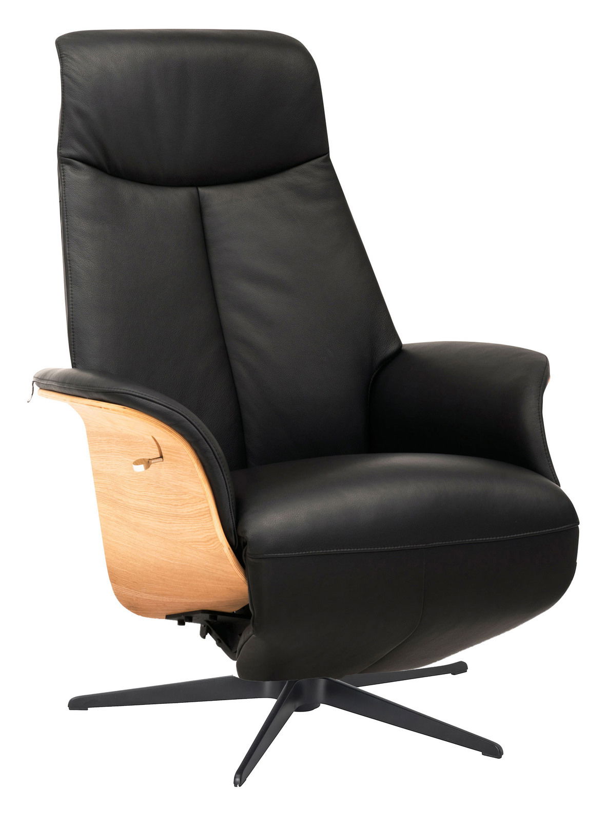 Schwarzer Relaxsessel mit Holzdetails und drehbarem Fuß, seitliche Perspektive