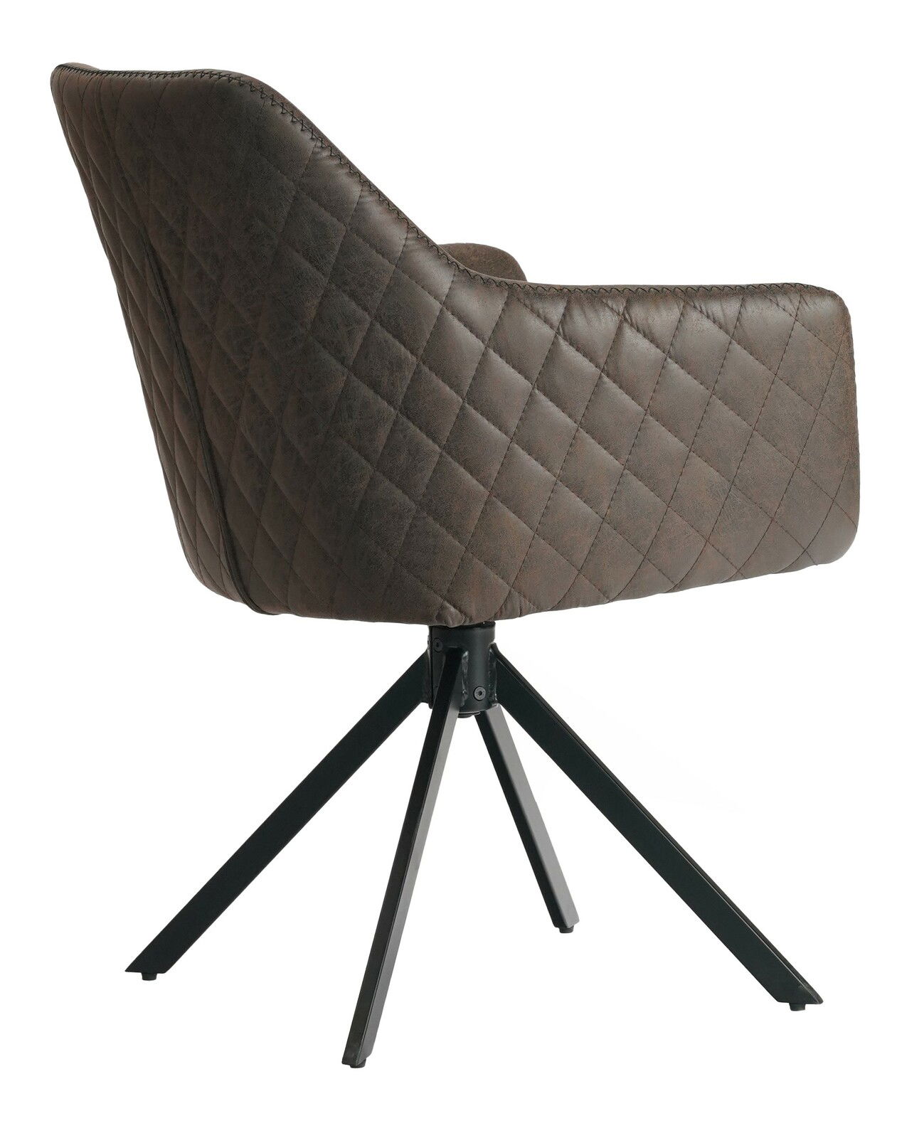 Z2 Armlehnstuhl FELIZIA Rückansicht eines Armlehnstuhls mit braunem, gestepptem Bezug und schwarzem Metallgestell.