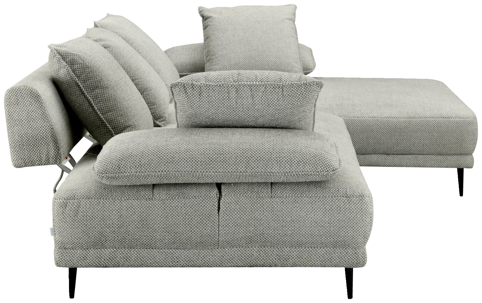 Graues Ecksofa mit mehreren Kissen, seitliche Perspektive