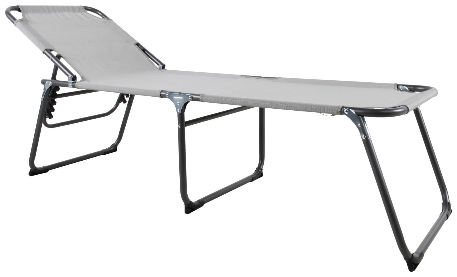 Seitliche Ansicht einer grauen Liege mit verstellbarer Rückenlehne und stabilem Metallrahmen.