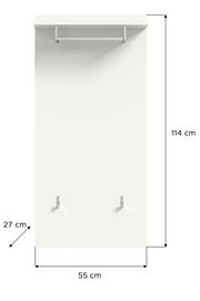 Frontale Ansicht einer weißen Garderobenkombination mit Kleiderstange und zwei Haken, Maße 114 cm hoch, 55 cm breit und 27 cm tief.
