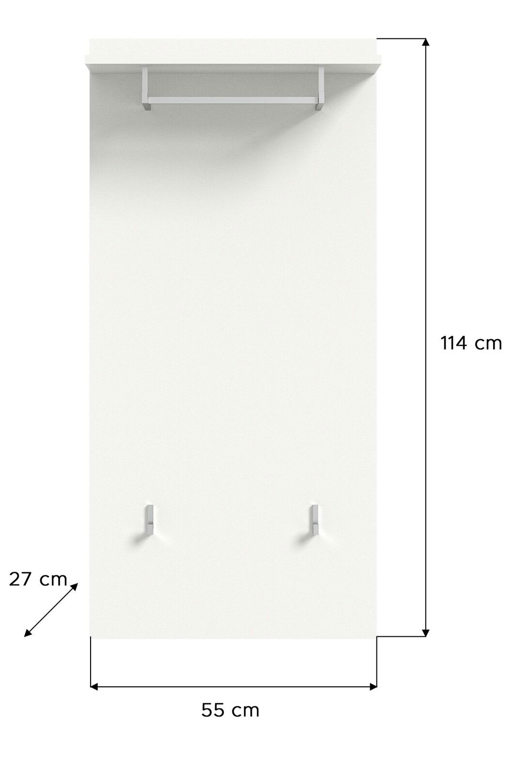 Frontale Ansicht einer weißen Garderobenkombination mit Kleiderstange und zwei Haken, Maße 114 cm hoch, 55 cm breit und 27 cm tief.
