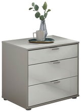 Moderne Nachtkonsole mit drei Schubladen, dekoriert mit einer Vase und Tasse, seitliche Perspektive