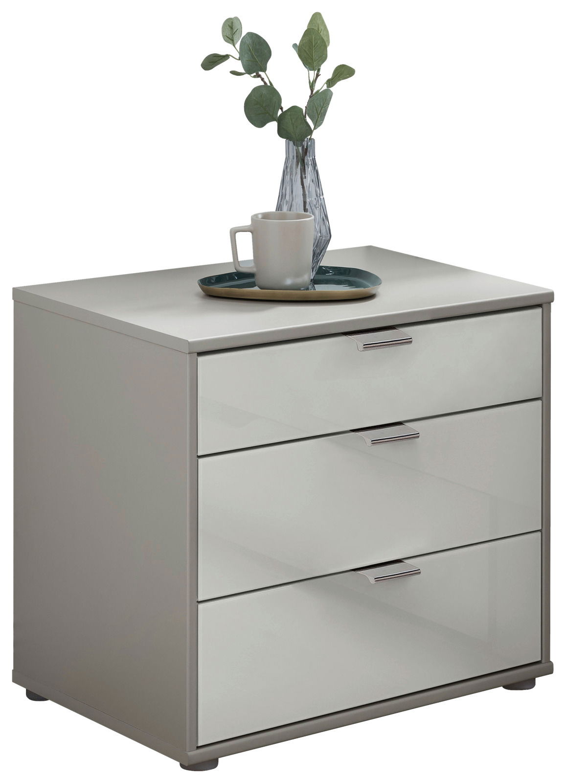 Moderne Nachtkonsole mit drei Schubladen, dekoriert mit einer Vase und Tasse, seitliche Perspektive