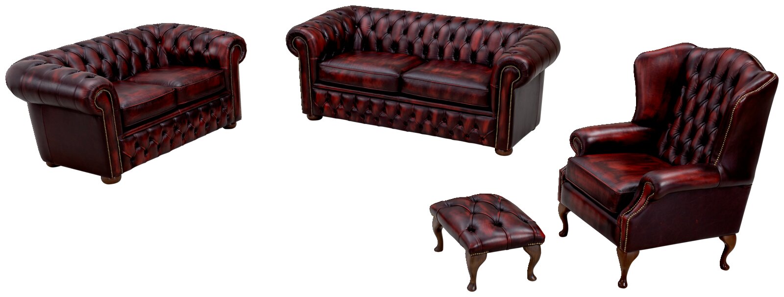 Klassisches Chesterfield-Sofa-Set in dunkelrotem Leder, bestehend aus einem 2-Sitzer-Sofa, einem 3-Sitzer-Sofa, einem Sessel und einem Hocker, aus der Vorderansicht.