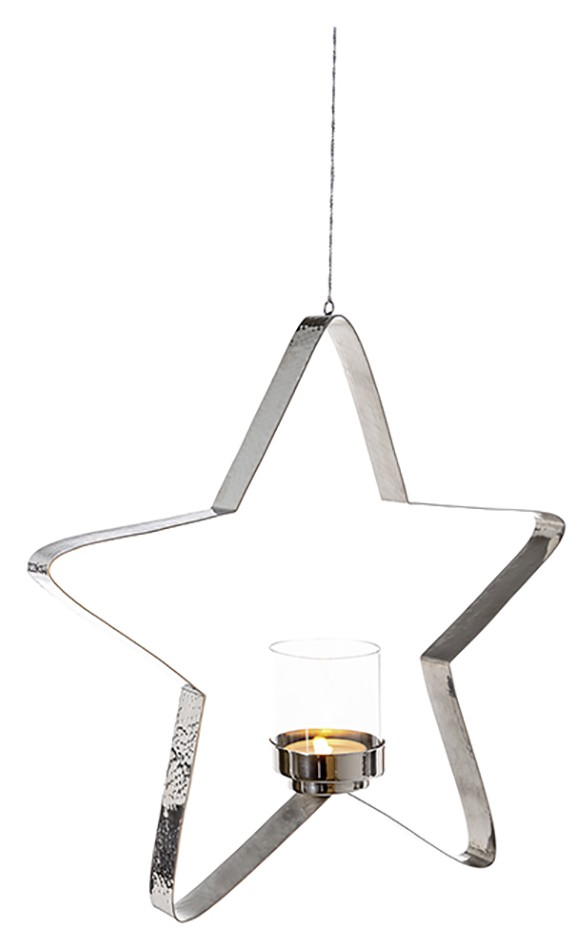 Sternförmiger Teelichthalter aus Metall, hängend, mit Glas für das Teelicht, seitliche Perspektive