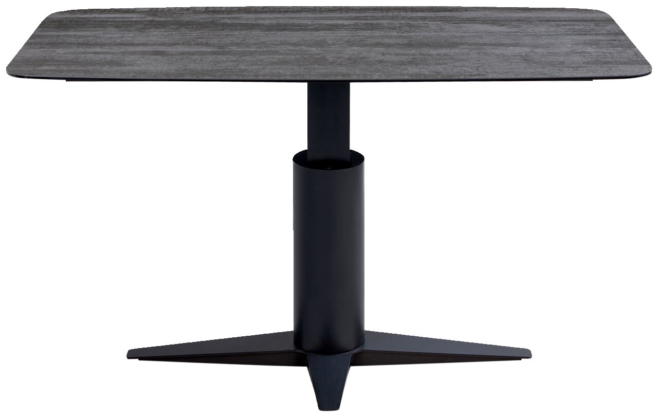 Moderner Esstisch mit rechteckiger, grauer Tischplatte und schwarzem, zentralem Standfuß, frontal betrachtet.