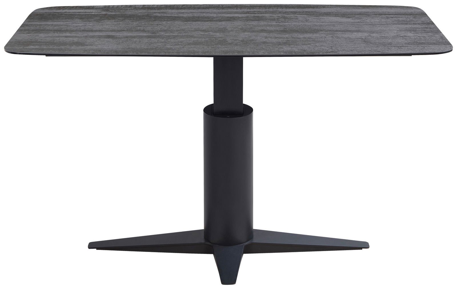 Moderner Esstisch mit rechteckiger, grauer Tischplatte und schwarzem, zentralem Standfuß, frontal betrachtet.