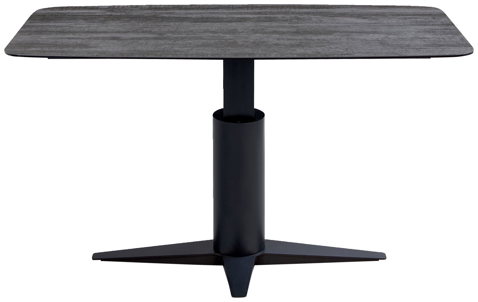 Moderne eettafel met een rechthoekig, grijs tafelblad en een zwarte, centrale poot, gezien vanaf de voorkant.