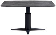 Moderne eettafel met een rechthoekig, grijs tafelblad en een zwarte, centrale poot, gezien vanaf de voorkant.