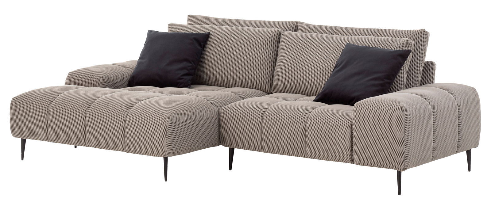 Graue Longchairkombination mit schwarzen Kissen, seitliche Perspektive