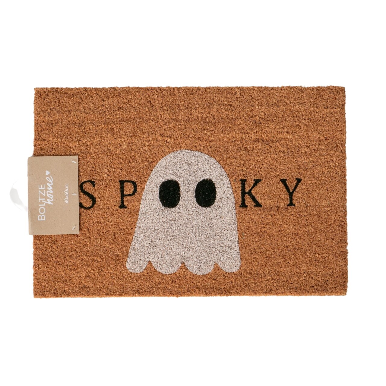 Deurmat met het opschrift 'Spooky' en een spookmotief, gezien van bovenaf.