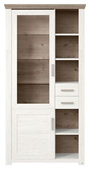 Vitrine in Holzoptik mit weißem Rahmen, links mit Glastür und rechts mit offenen Regalfächern und zwei Schubladen, Frontalansicht