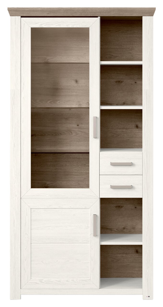 Vitrine in Holzoptik mit weißem Rahmen, links mit Glastür und rechts mit offenen Regalfächern und zwei Schubladen, Frontalansicht