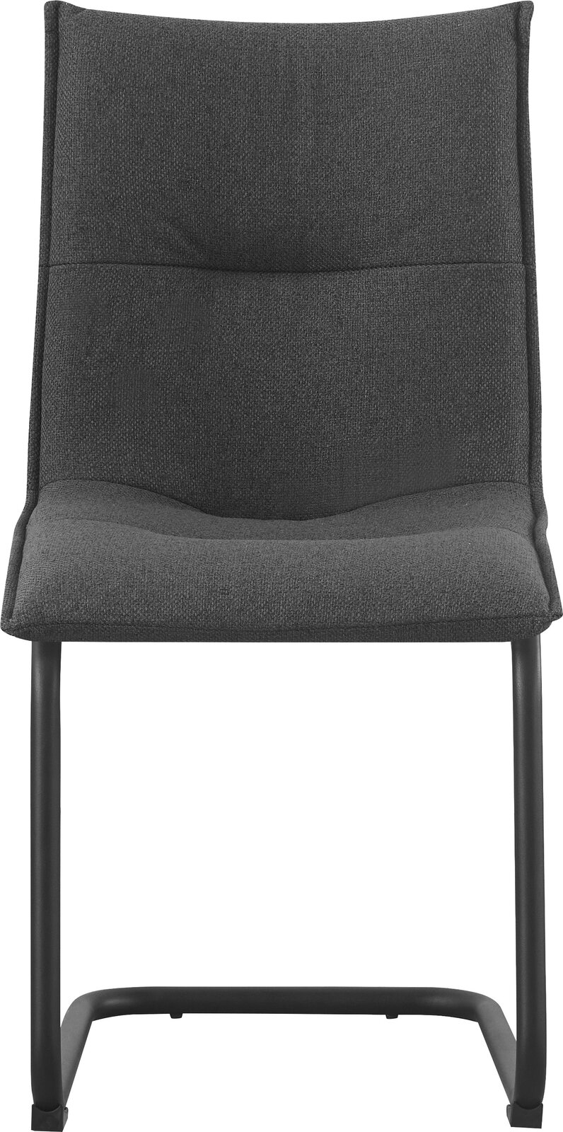 Dunkelgrauer Polsterstuhl mit Stoffbezug und schwarzem Metallgestell, Frontansicht