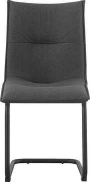 Dunkelgrauer Polsterstuhl mit Stoffbezug und schwarzem Metallgestell, Frontansicht