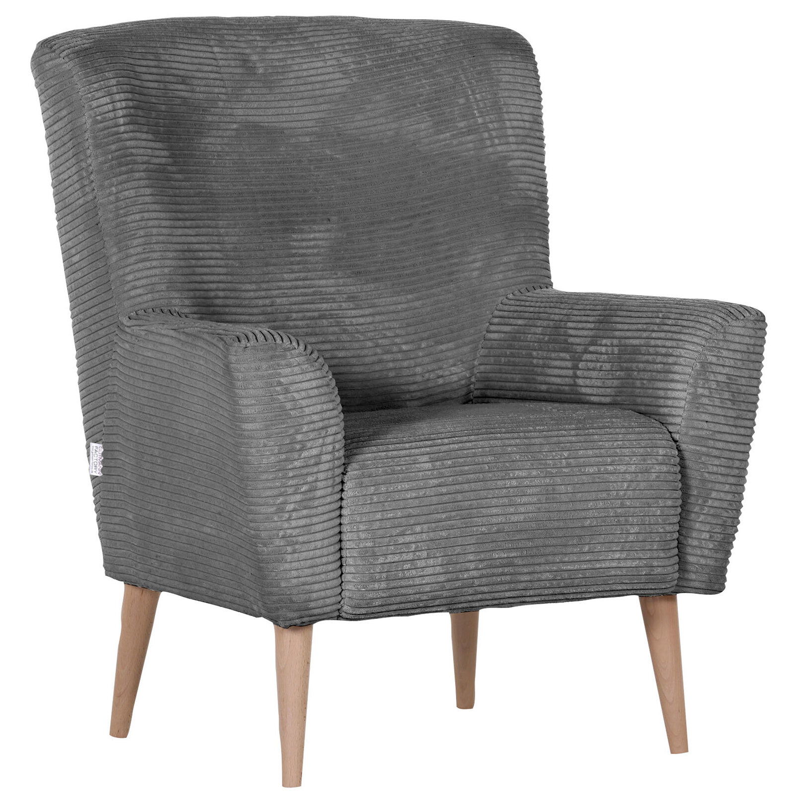 Grauer Cord-Sessel mit breiten Armlehnen und hellen Holzbeinen, freigestellt auf weißem Hintergrund, in schräger Vorderansicht von links
