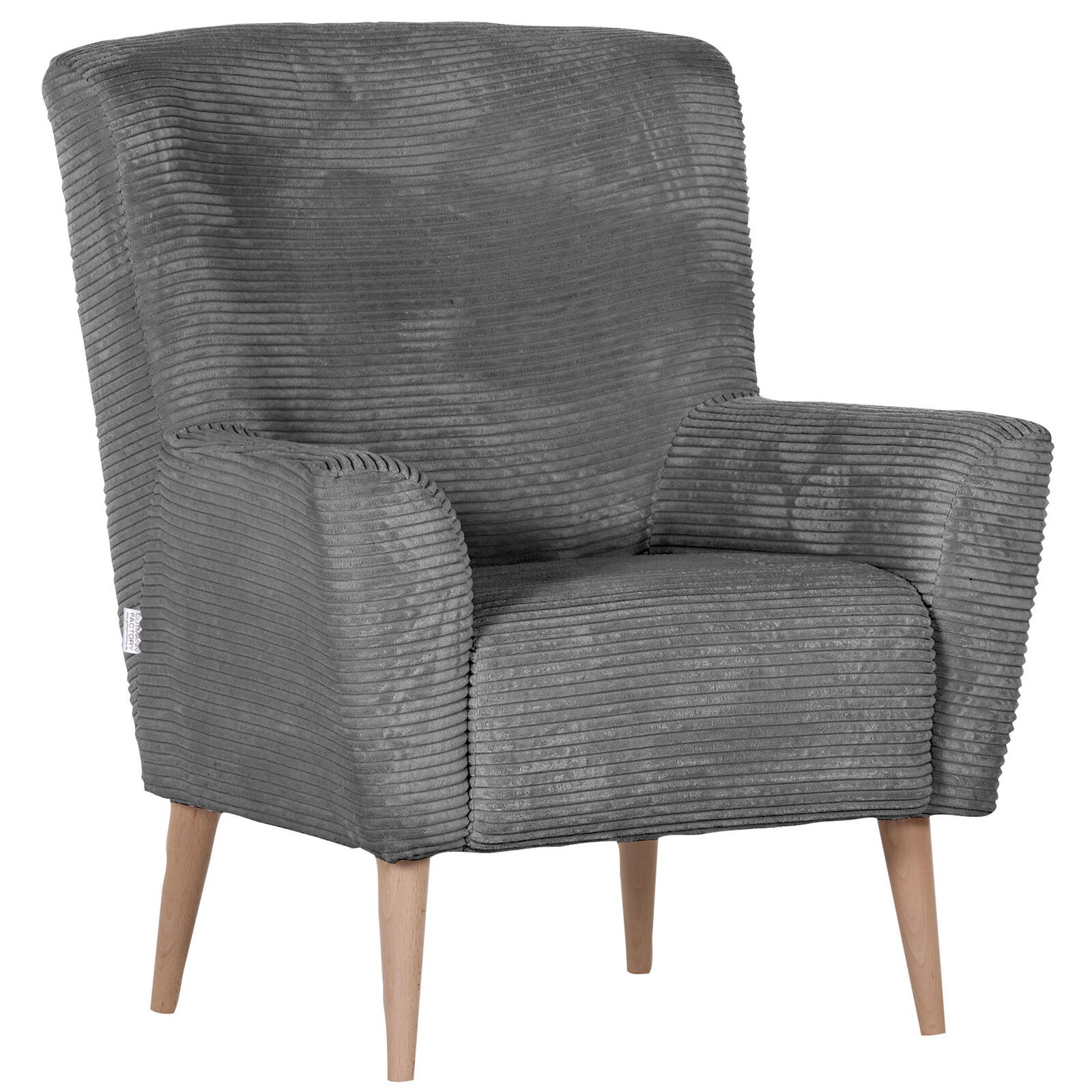 Stylife Sessel ATELLA Grauer Cord-Sessel mit breiten Armlehnen und hellen Holzbeinen, freigestellt auf weißem Hintergrund, in schräger Vorderansicht von links