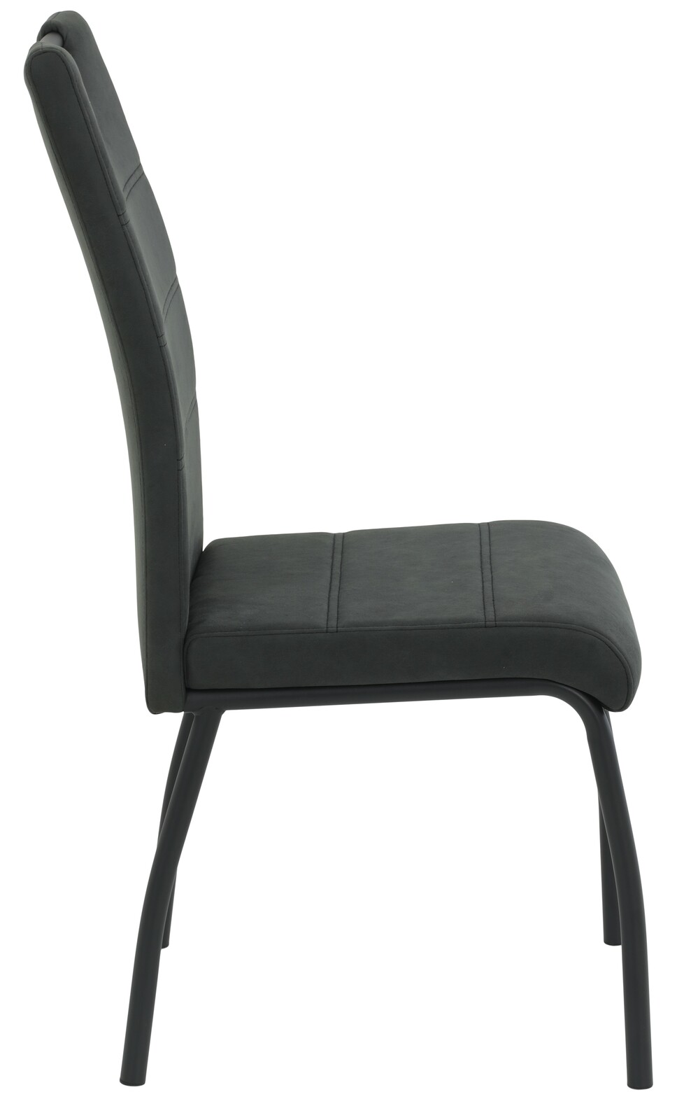 Moderner schwarzer Stuhl in Seitenansicht mit gepolsterter Sitzfläche und Rückenlehne.
