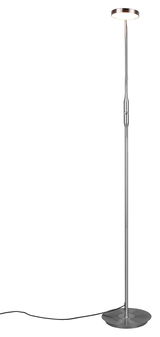 Stehleuchte mit schlankem, modernem Design und rundem Lampenschirm, seitliche Perspektive