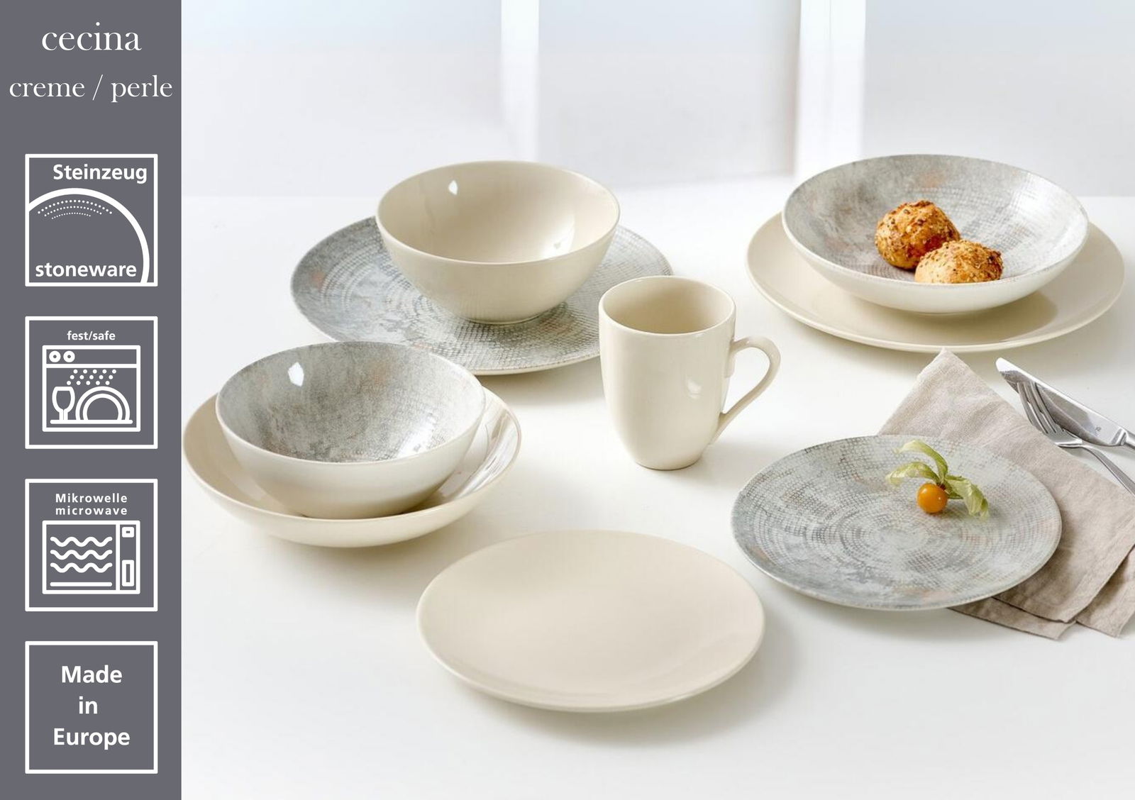 Tiefer Teller aus Steinzeug in Creme/Perle, präsentiert in einer Tischszene von oben.