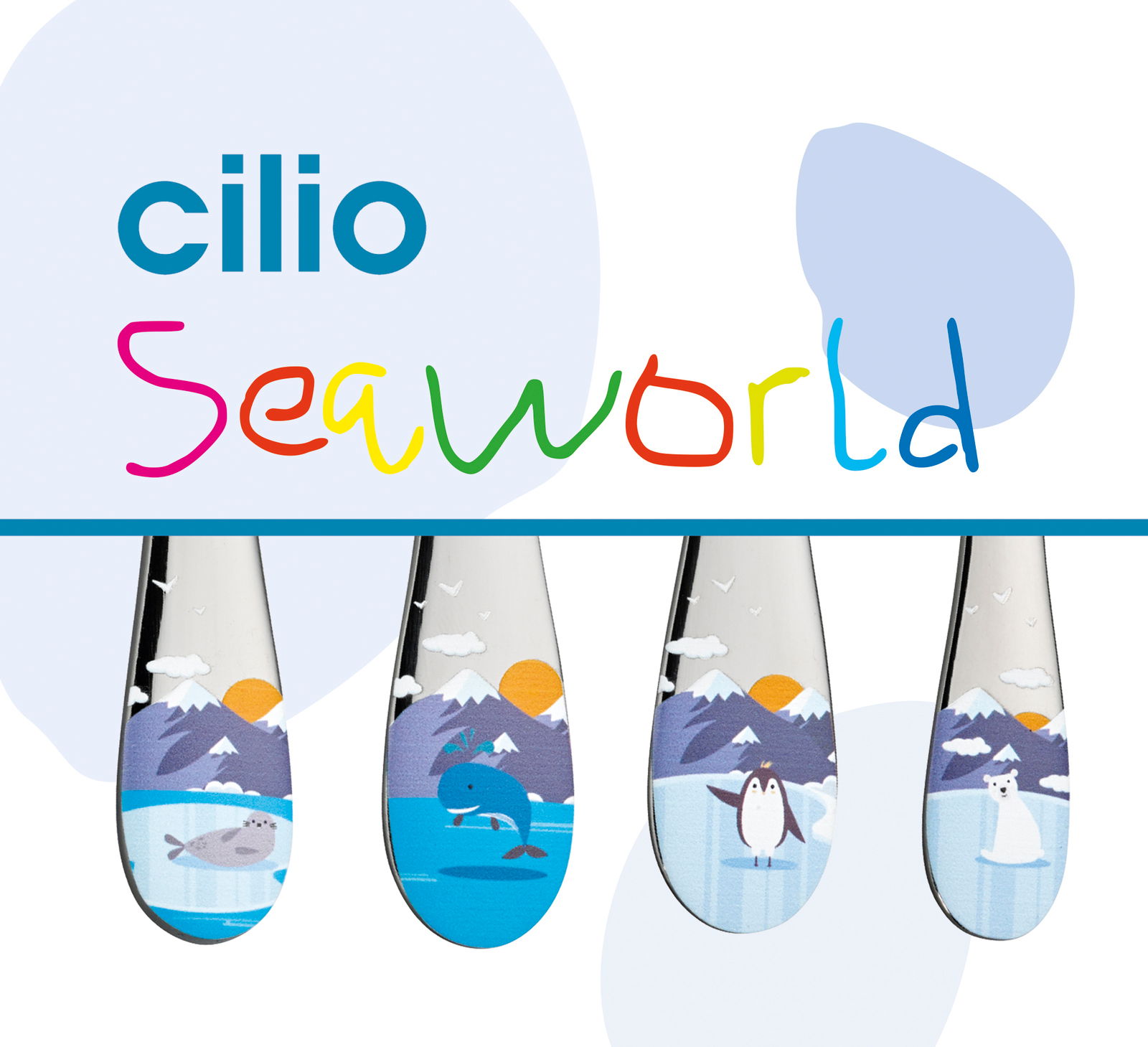 Kinderbesteck SEAWORLD 4-tlg. mit bunten Meeresmotiven, darunter Robbe, Wal, Pinguin und Eisbär, aus der Vogelperspektive.