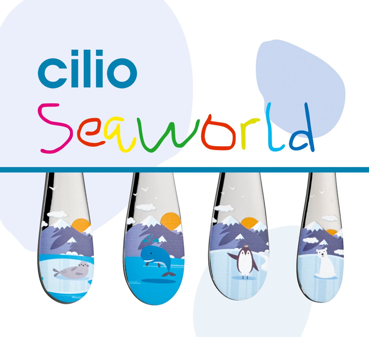Kinderbesteck SEAWORLD 4-tlg. mit bunten Meeresmotiven, darunter Robbe, Wal, Pinguin und Eisbär, aus der Vogelperspektive.
