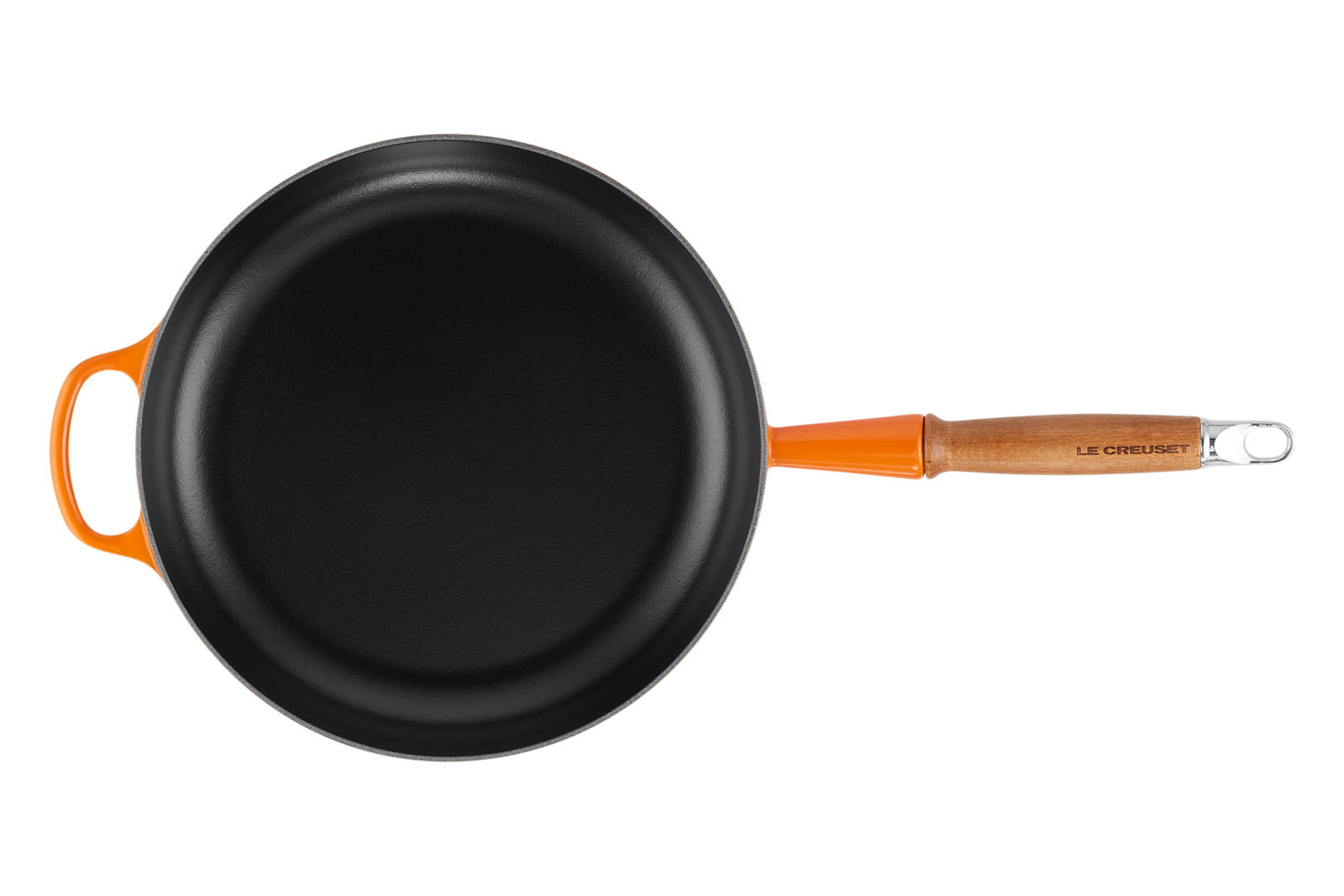 Bratpfanne in Ofenrot mit Holzgriff, Draufsicht