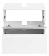 Weißer Waschbeckenunterschrank mit offener Frontansicht, zeigt Stauraum und Aussparung für Siphon.